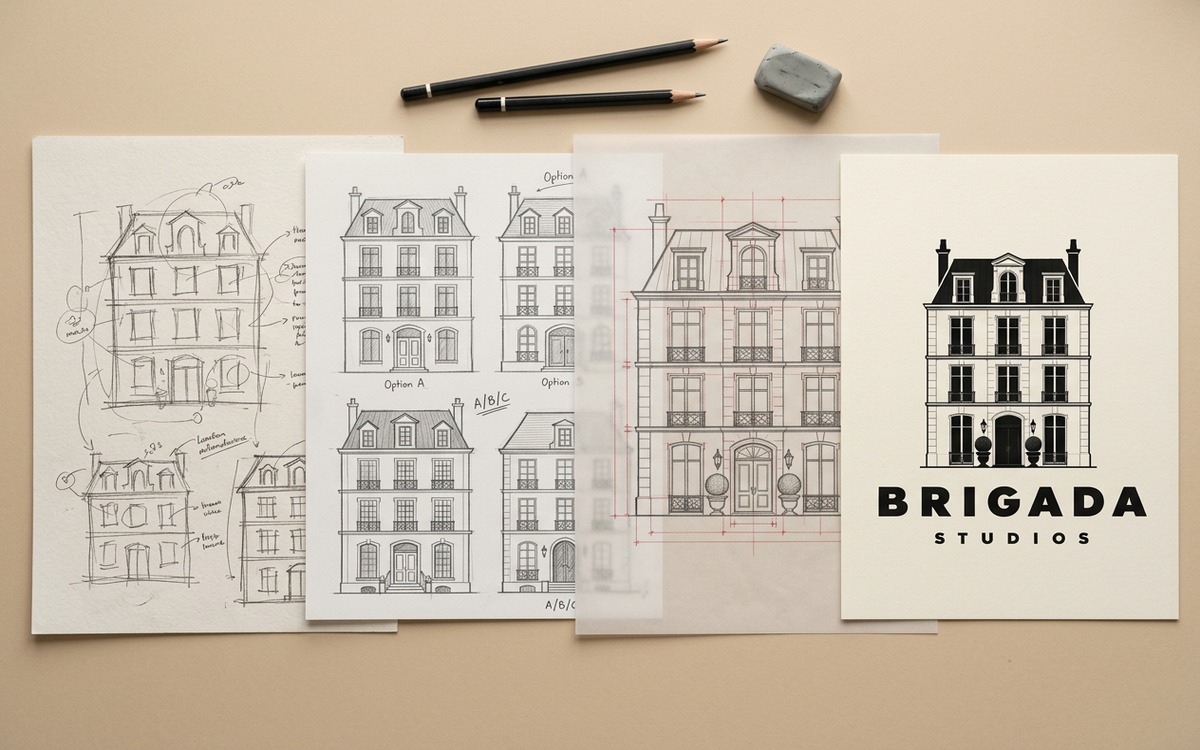 Sketches of the Brigada Studios townhouse logo developing from pencil thumbnails and options to the final polished logo