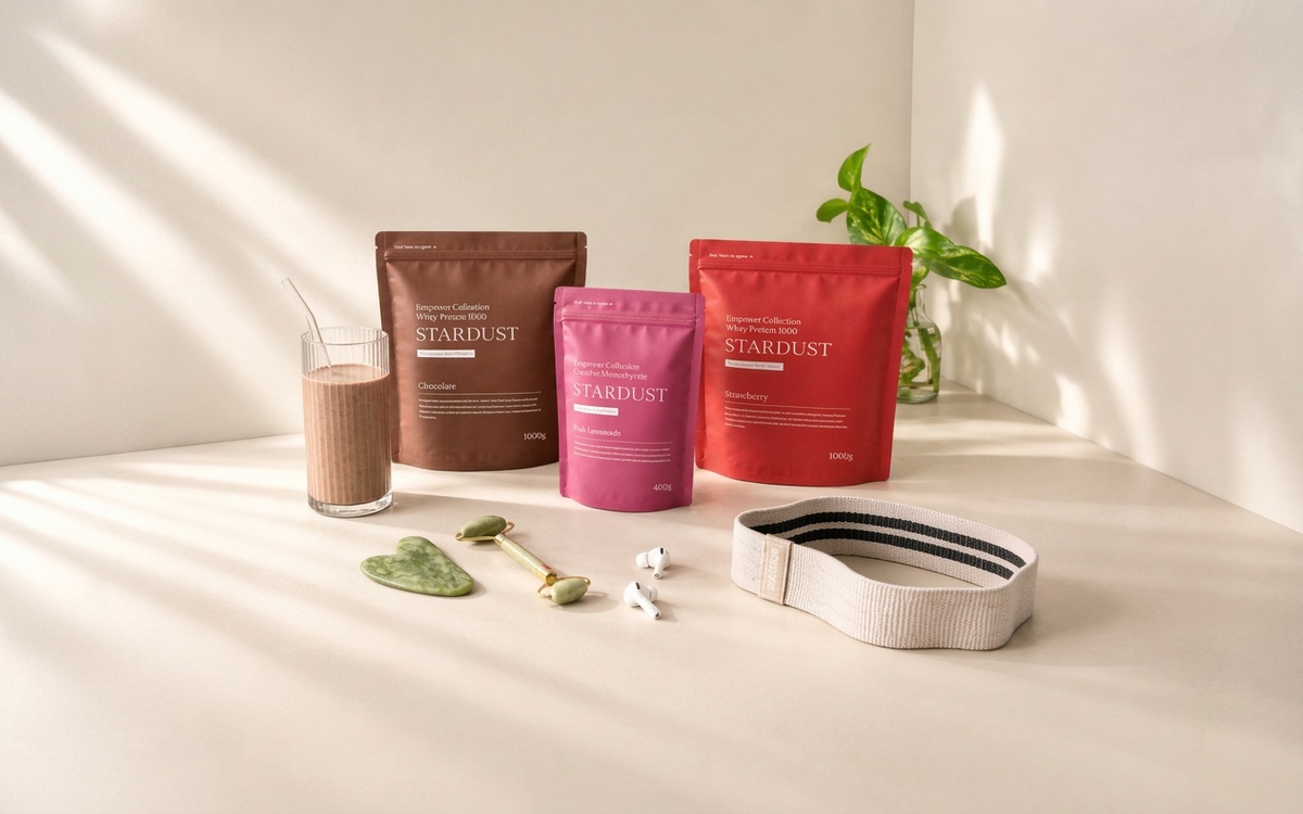 Three centered STARDUST wellness product pouches on a sunlit tabletop